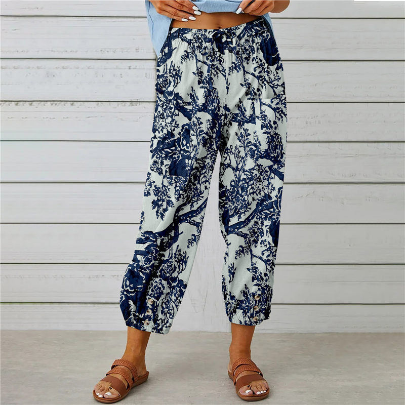 Cotton-Linen High-Waist Drawstring Cropped Pants with Vintage Print