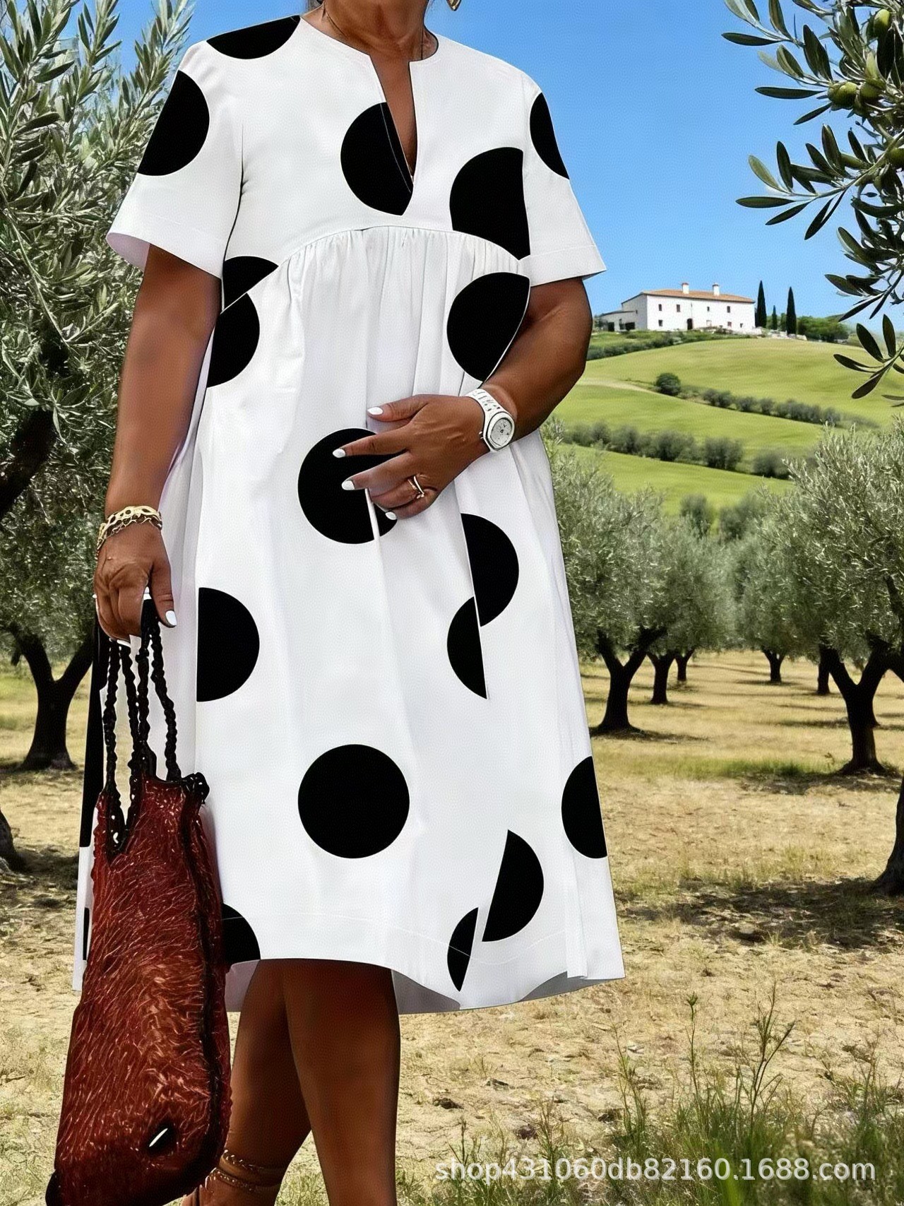 Artistic Floral Print Midi Dress Short Sleeve V-Neck A-Line