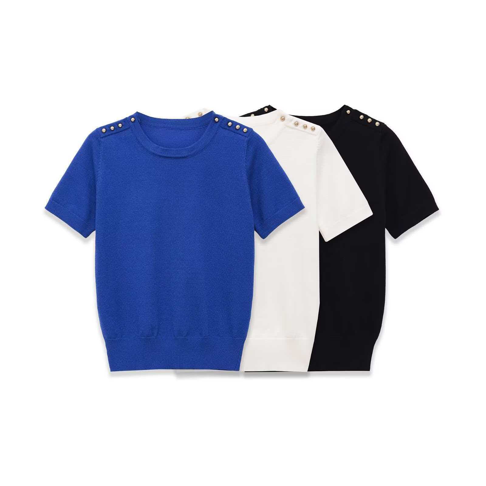 Women's Summer Short Sleeve Crewneck Knit Top with Shoulder Detail