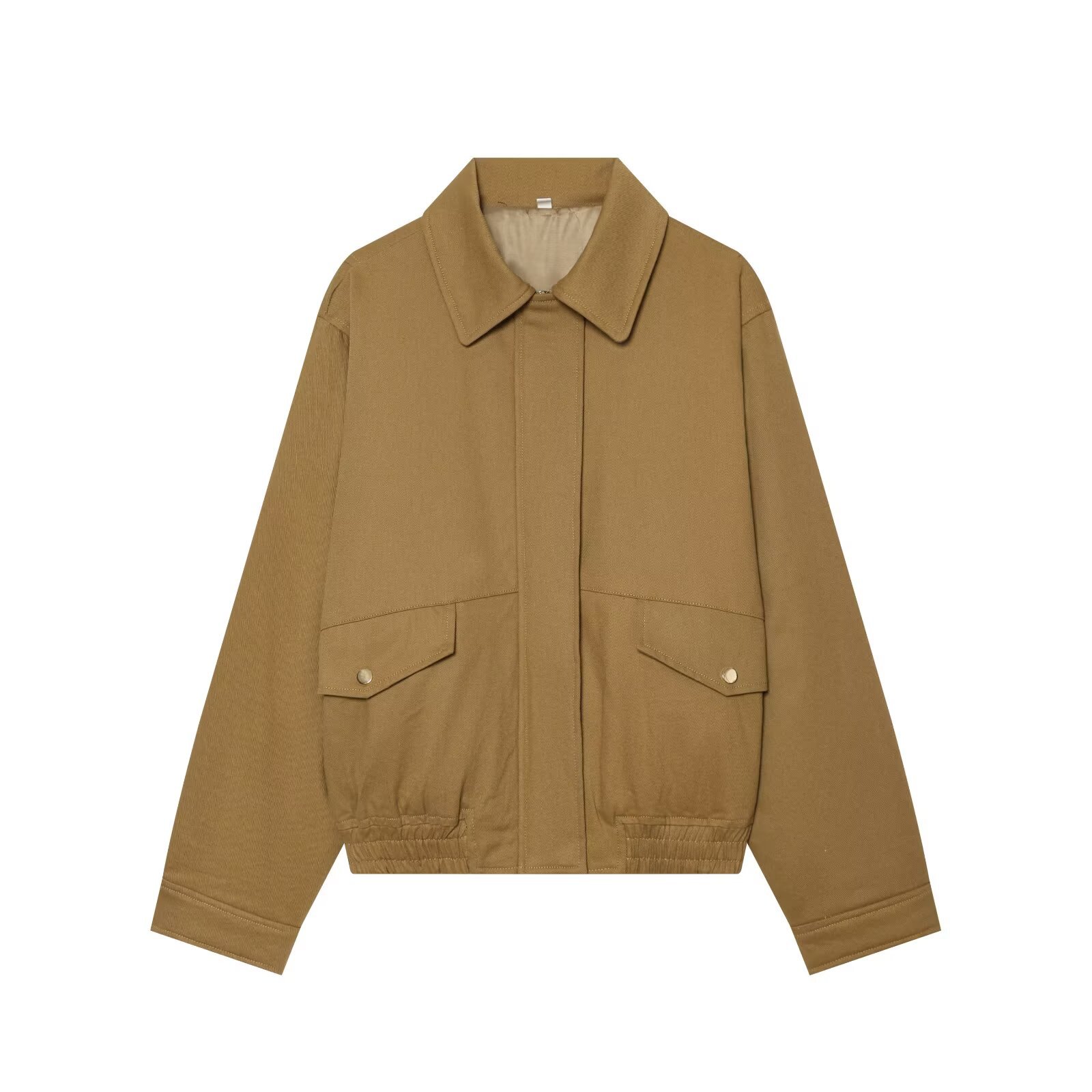 Women's Solid Color Zip-Up Jacket with Collar and Elastic Hem