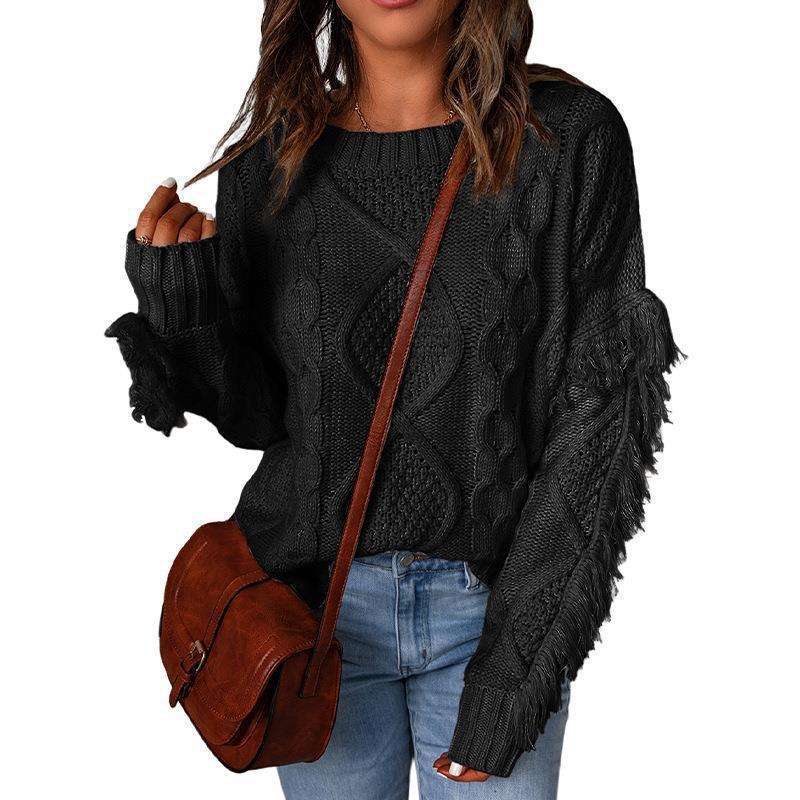 Women's Loose Diamond Quilted Fringe Pullover Sweater