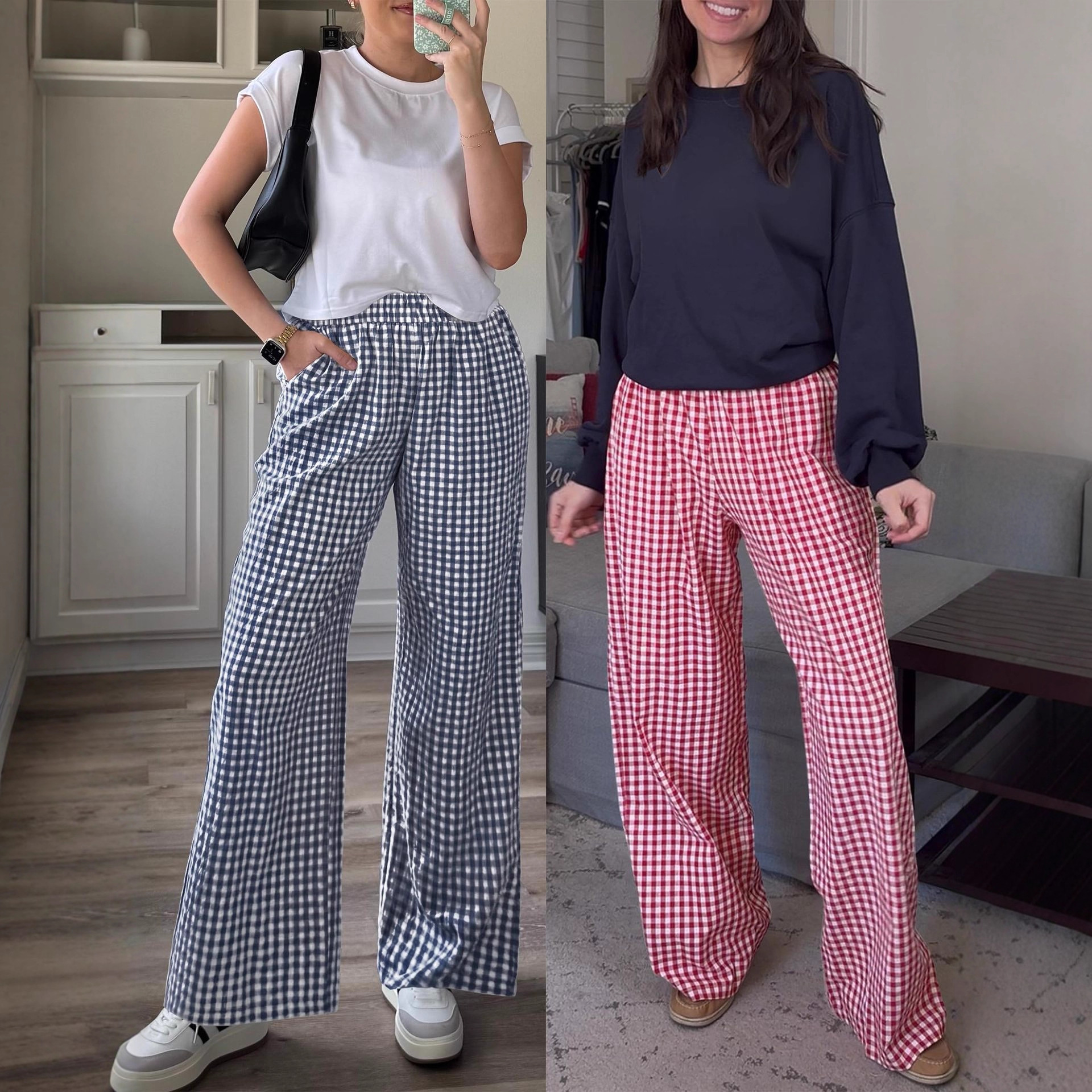 Plaid Wide-Leg High-Waist Pants with Pockets