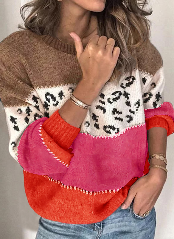 Leopard Print Patchwork Knit Pullover Sweater