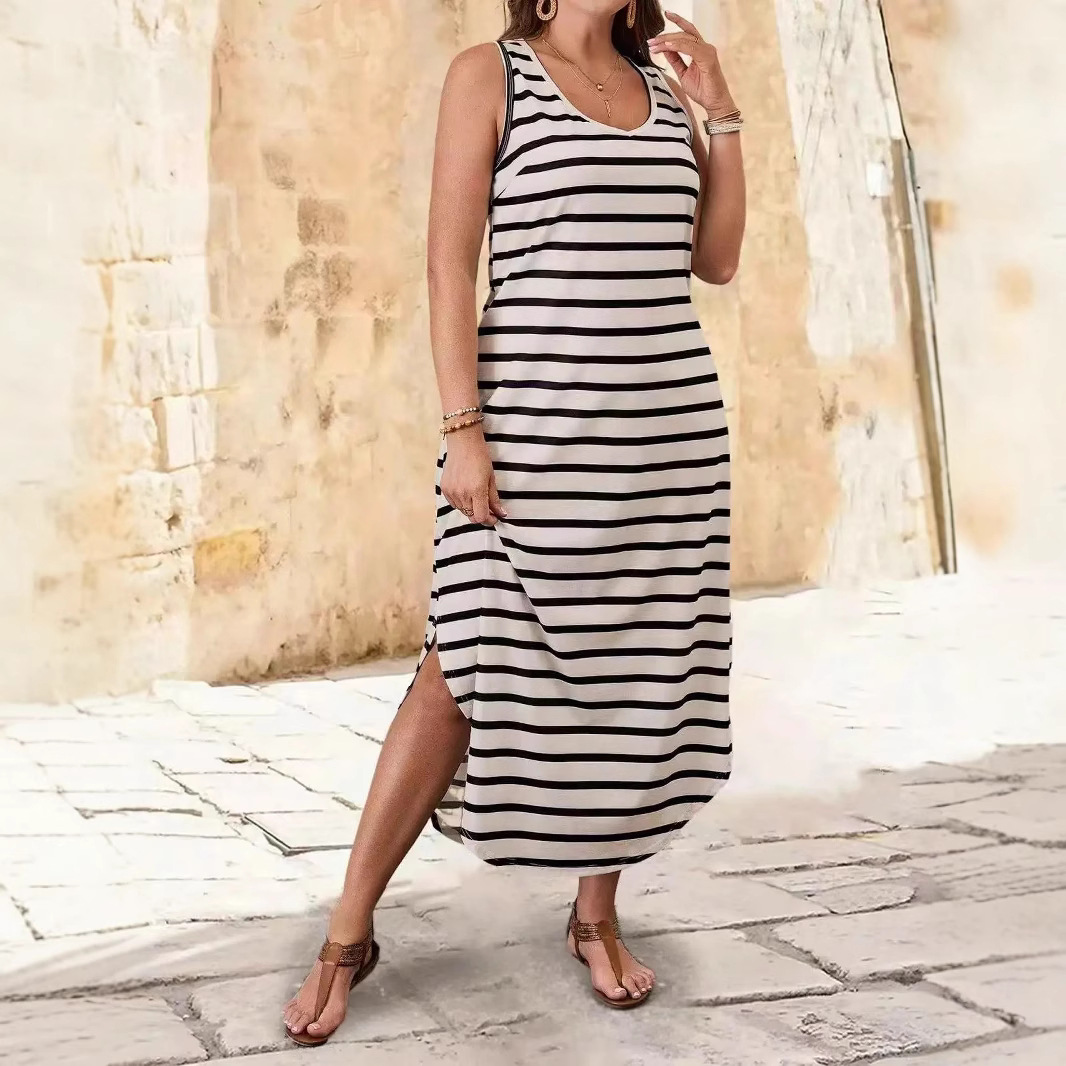 Striped Sleeveless Midi Dress Casual Beach Sundress