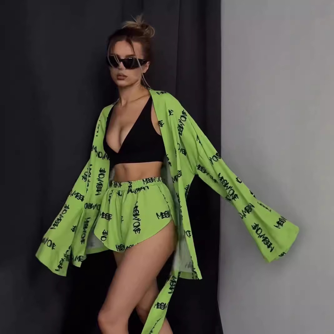 Women's Printed Long Sleeve Tie-Waist Pajama Set with High-Waist Shorts