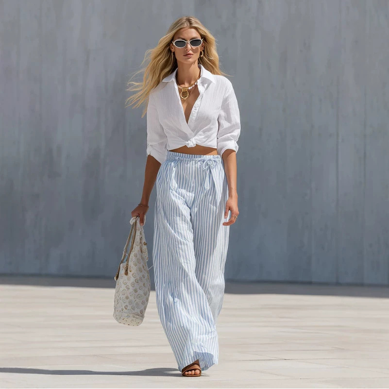 Elegant White Shirt & Blue Striped Wide-Leg Pants Set