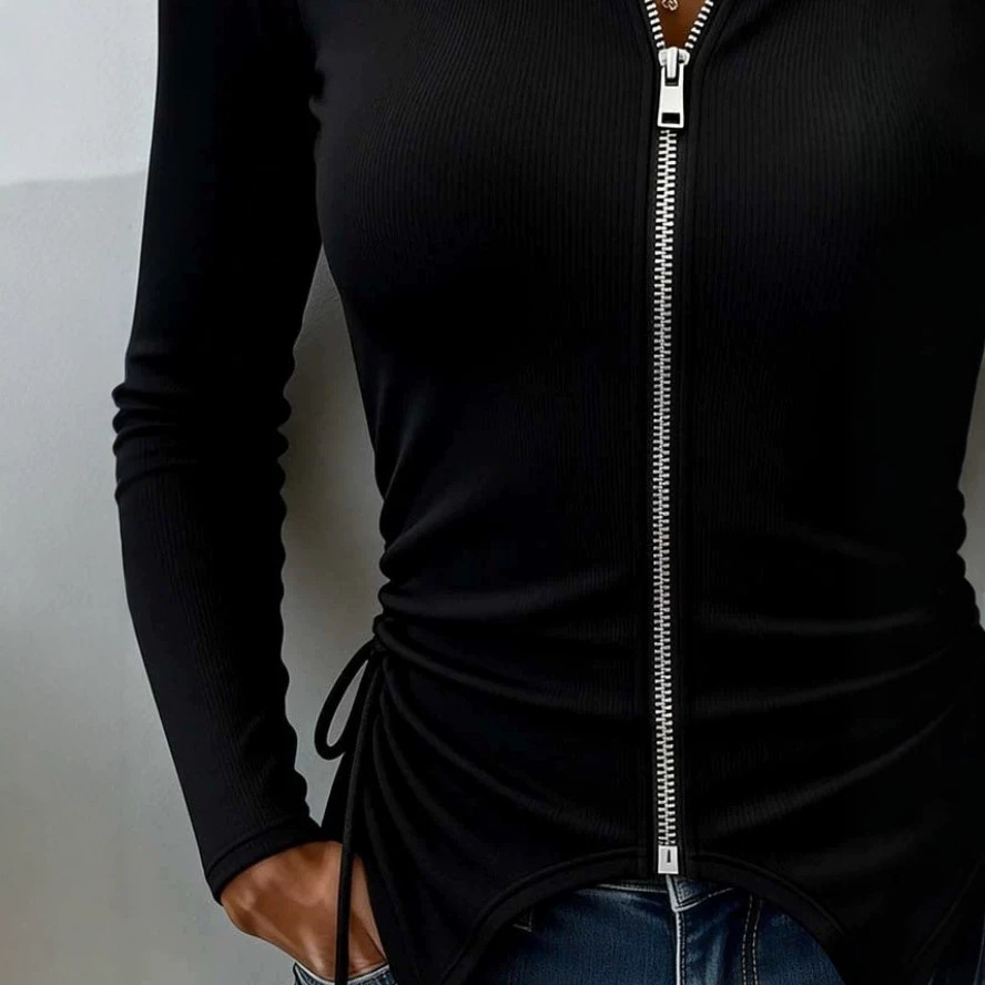 Drawstring Zip-Up Slim Fit Long Sleeve Workout Top with Asymmetric Hem