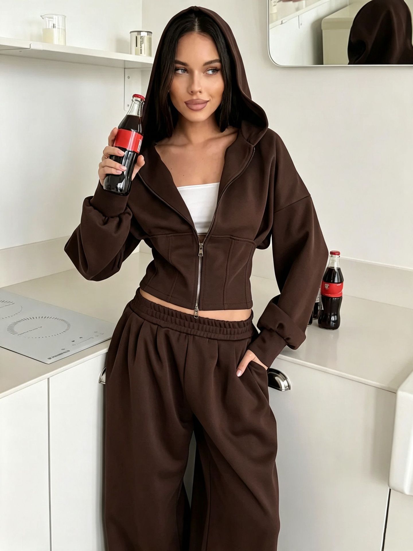 Women's Solid Zip-Up Hoodie and Wide-Leg Pants Two-Piece Set