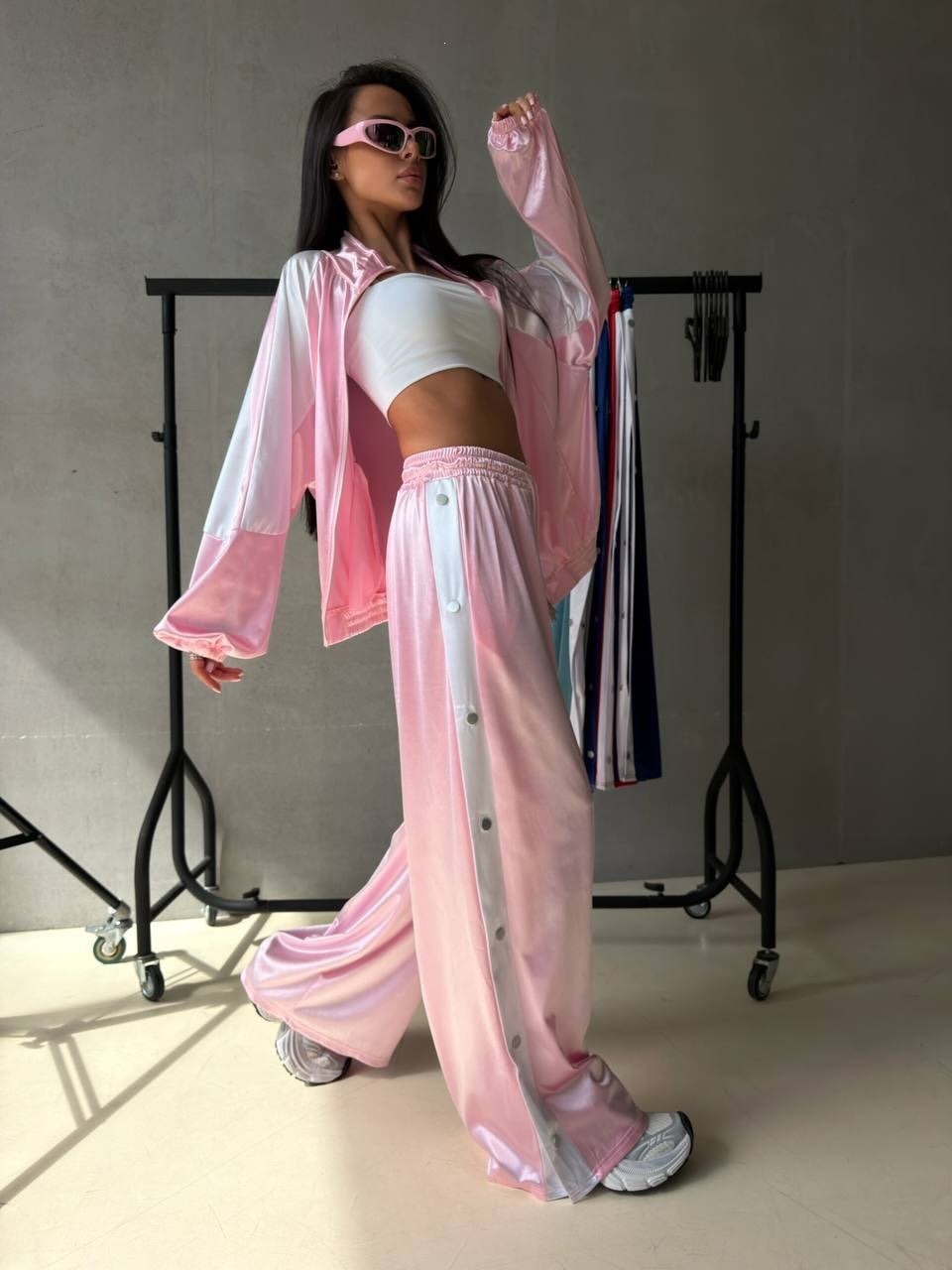 Women's Glossy Satin Tracksuit Set Stand Collar Zip Colorblock Raglan Sleeve Jacket Side Button Pants