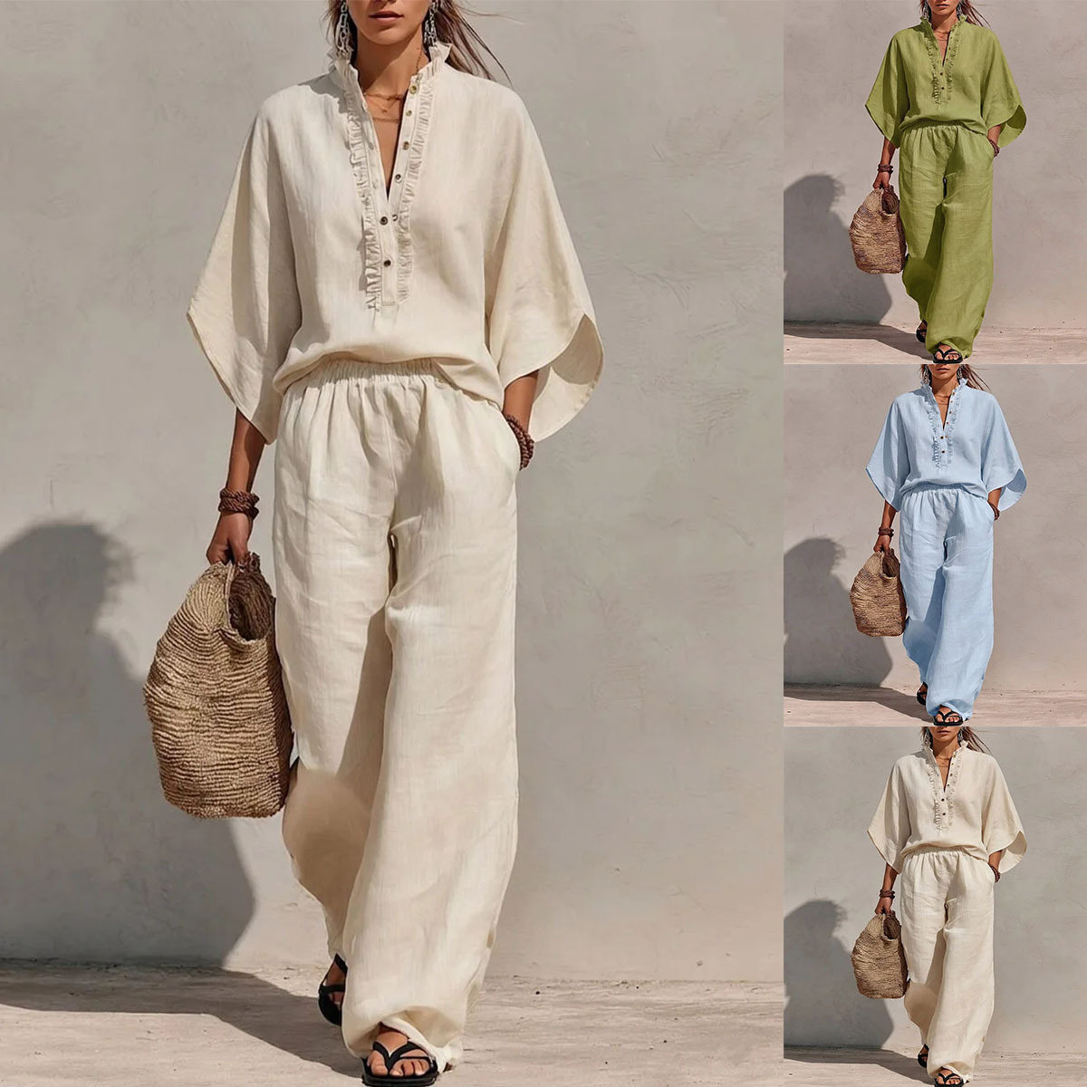 Women's Solid Color Stand Collar 3/4 Sleeve Loose Top and High Waist Wide Leg Pants Cotton Linen Casual Set