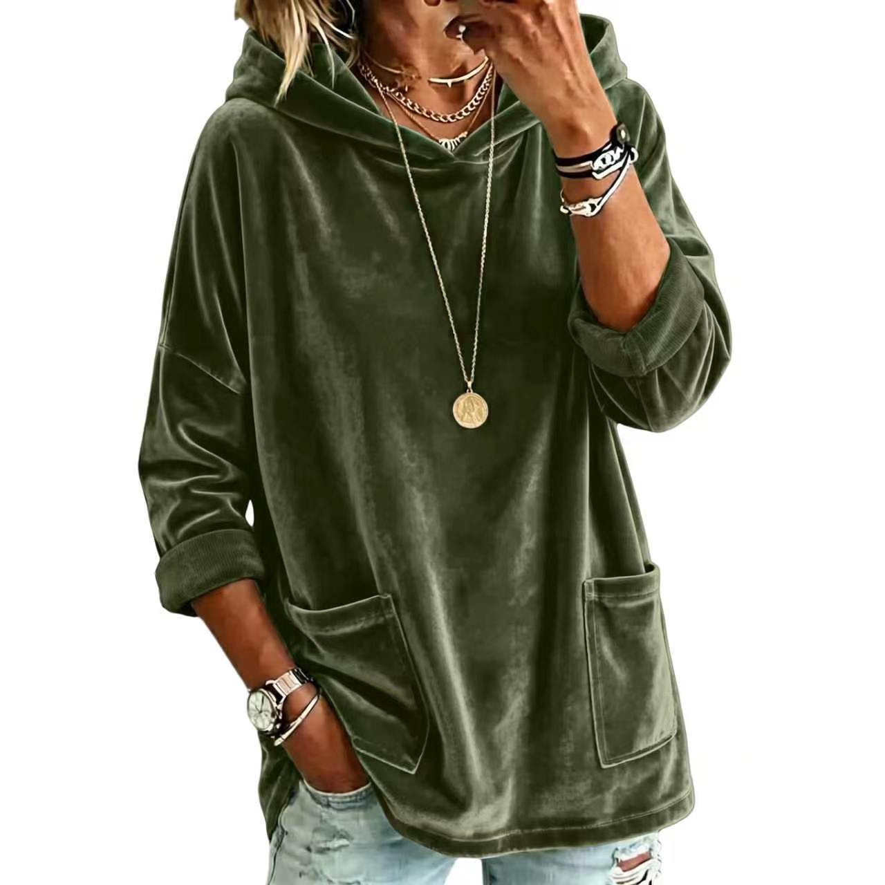 Casual Hooded Loose Fleece Solid Color Long Sleeve Pullover Sweatshirt for Women