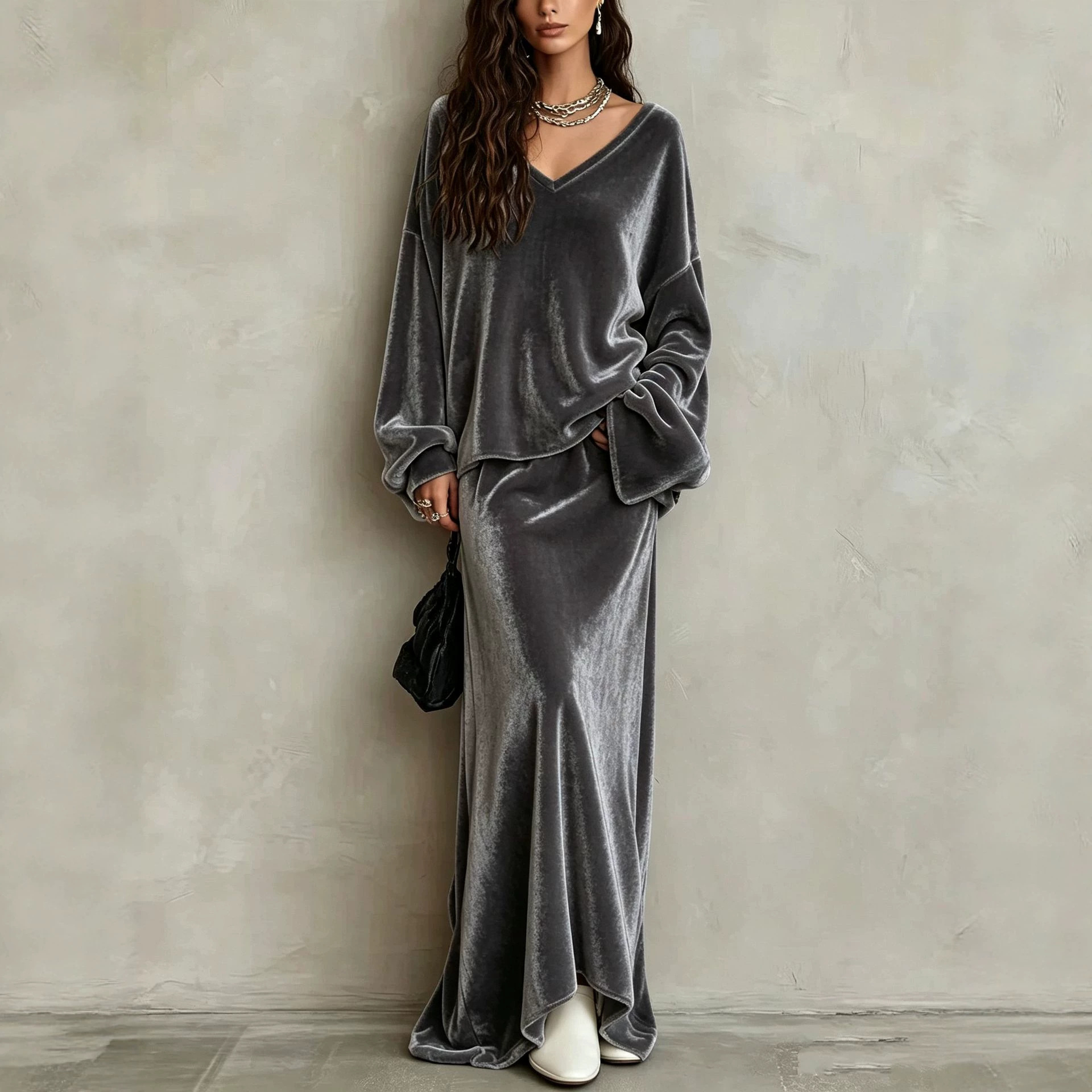 Solid Velvet V-Neck Long Sleeve Women's Skirt Set