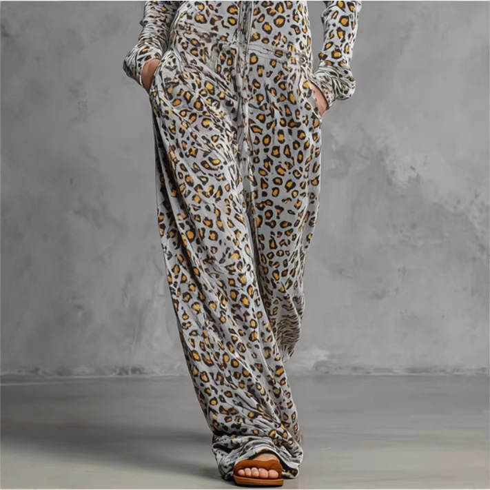 Gray Velvet Leopard Print Hooded Wide-Leg Jumpsuit