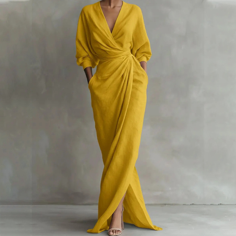 Women's Elegant Solid Cross V-Neck Long Sleeve Slim Waist Midi Dress