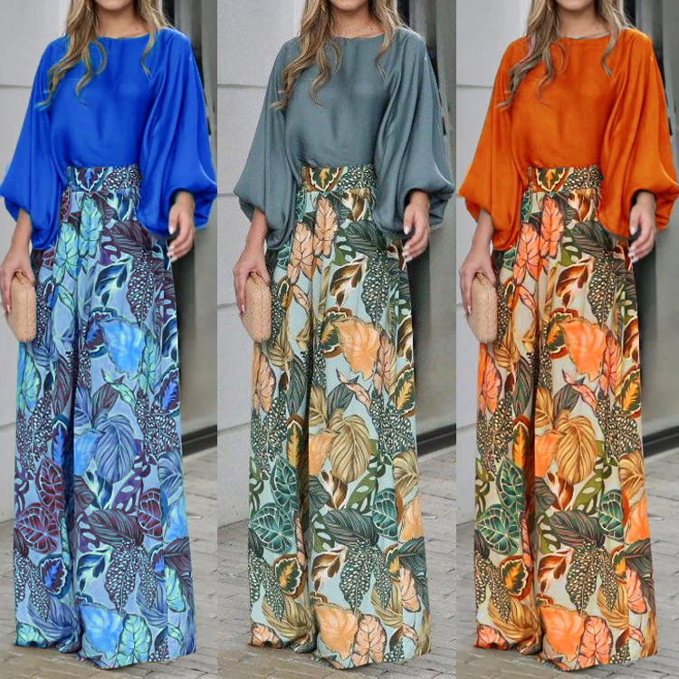 Women's Summer Two-Piece Set with Lantern Sleeve Top and Printed Wide-Leg Pants