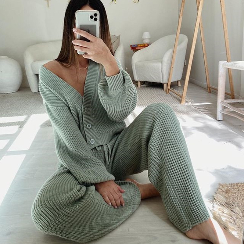 Women's Solid Color Open-Front Cardigan and Pants Two-Piece Knit Set