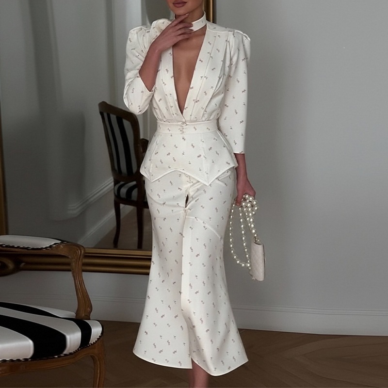 Women's Floral Print Deep V-Neck Long Sleeve Bodycon Dress