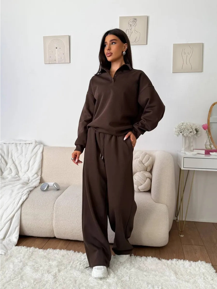 Women's Casual Two-Piece Sweatsuit Solid Color Buttoned Collar Top and Drawstring Pants