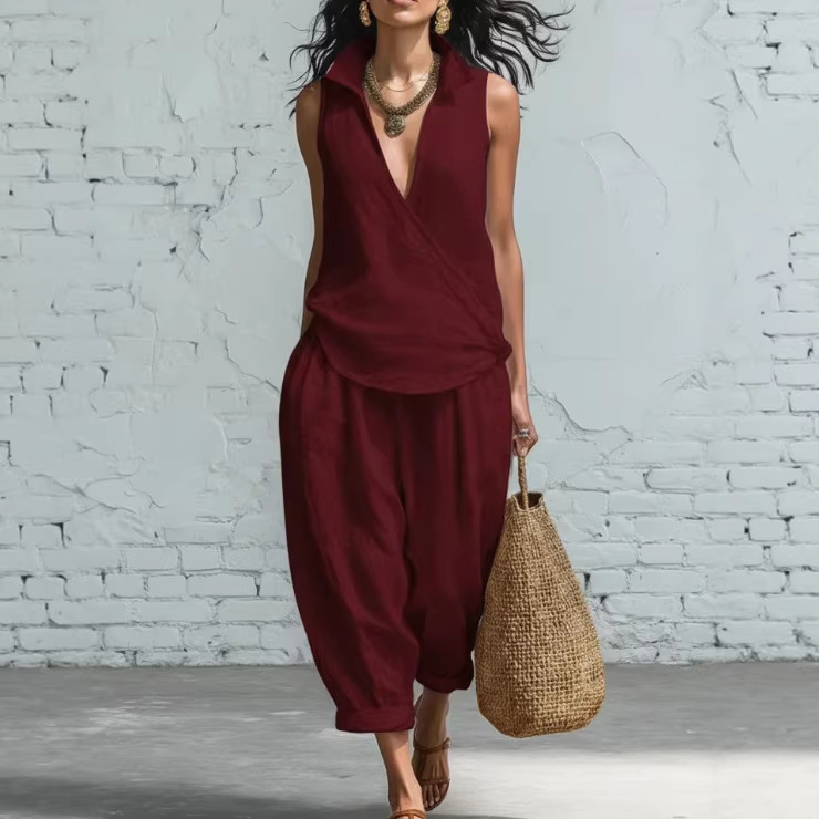 Women's Simple Lapel Shirt and Wide-Leg Pants Linen Two-Piece Set