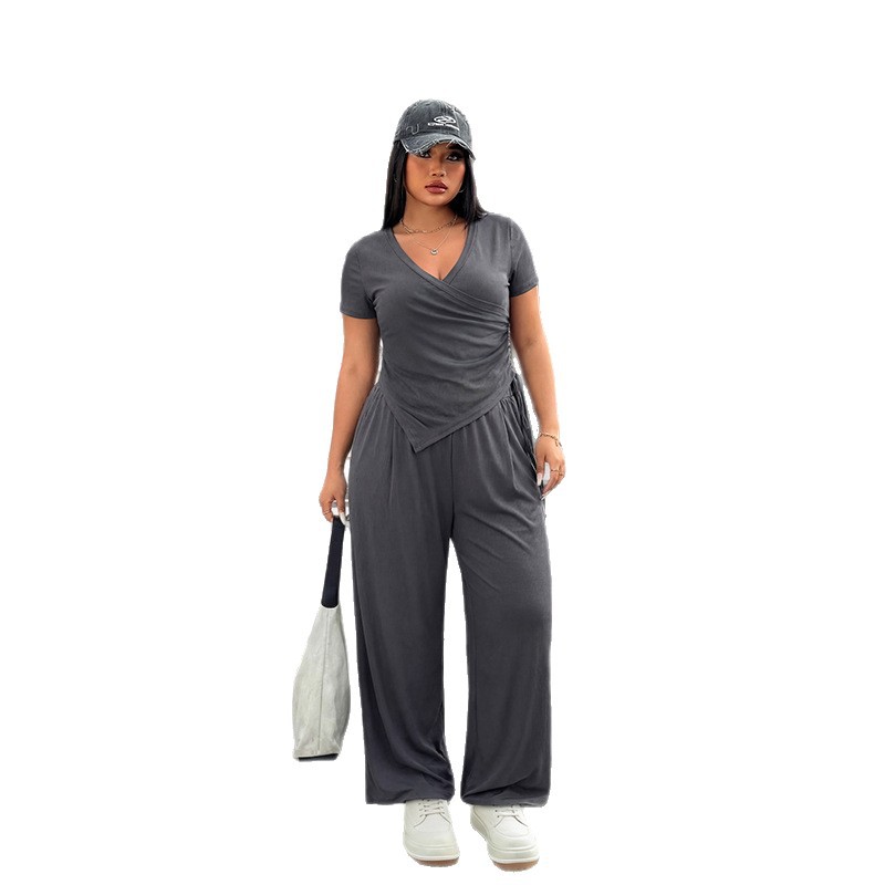 Plus Size Gray V-Neck Ruched Top and Wide-Leg Pants Set
