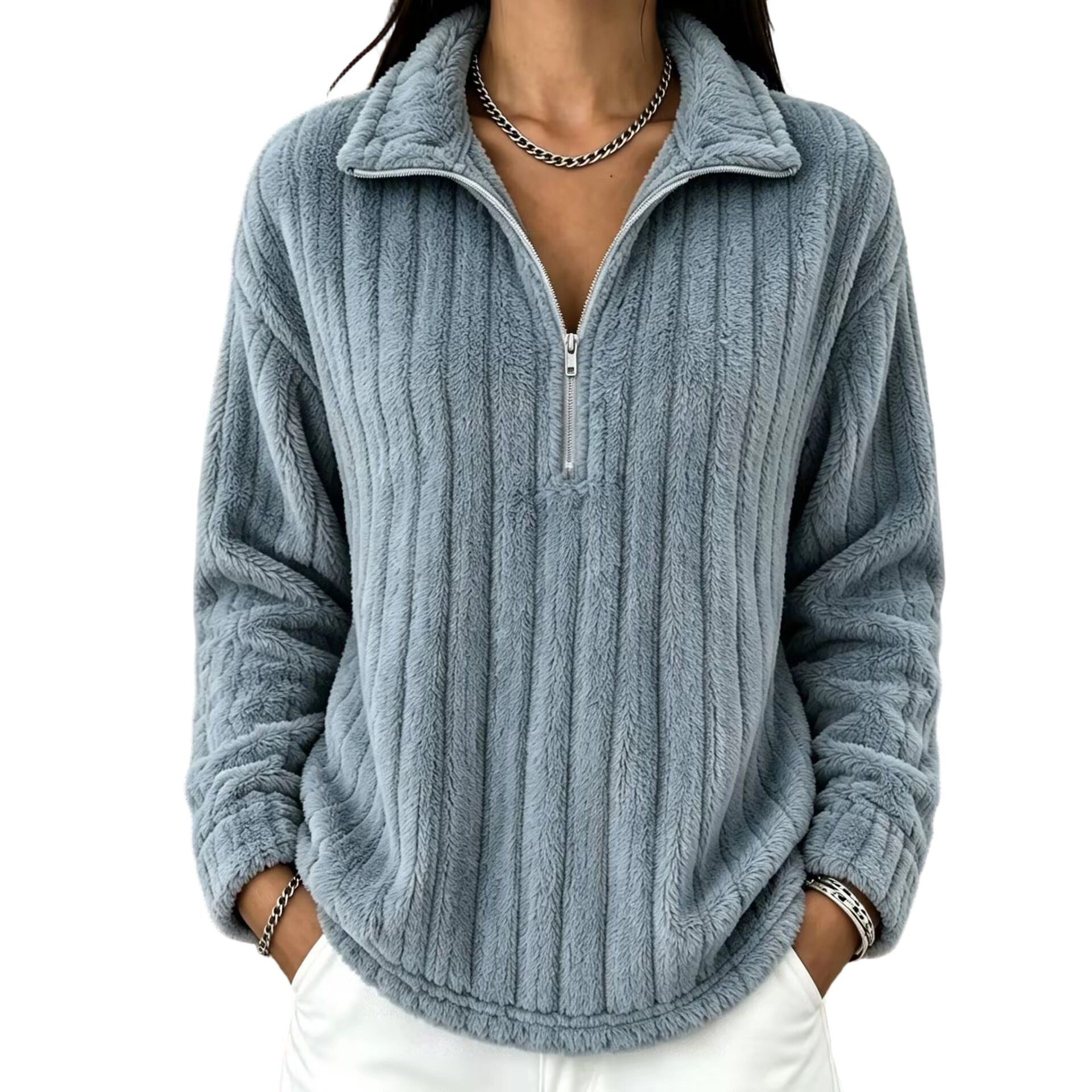 Ribbed Fleece Zip-Up Collared Long-Sleeve Sweatshirt