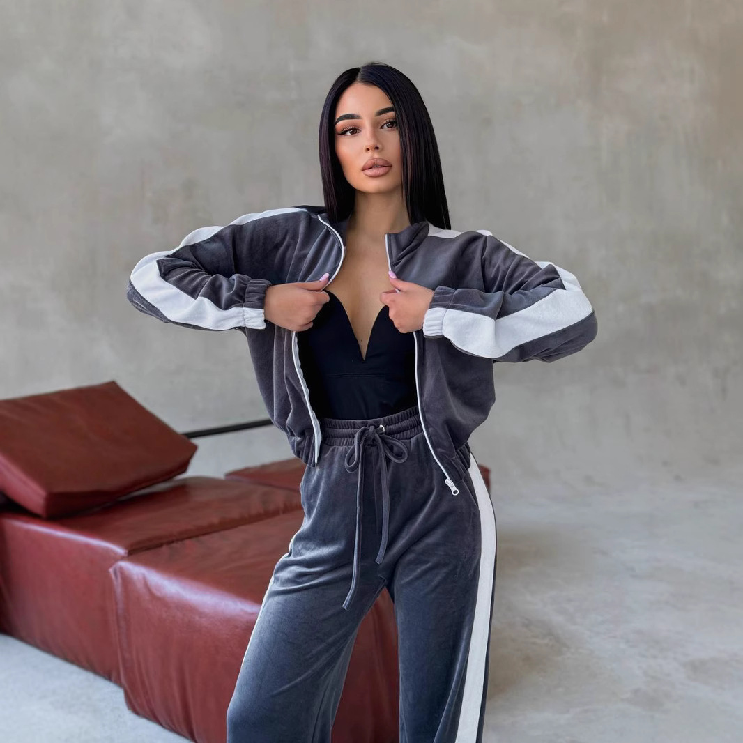 Women's Colorblock Two-Piece Set Long Sleeve Zip Cardigan Jacket and Tie-Waist Pants