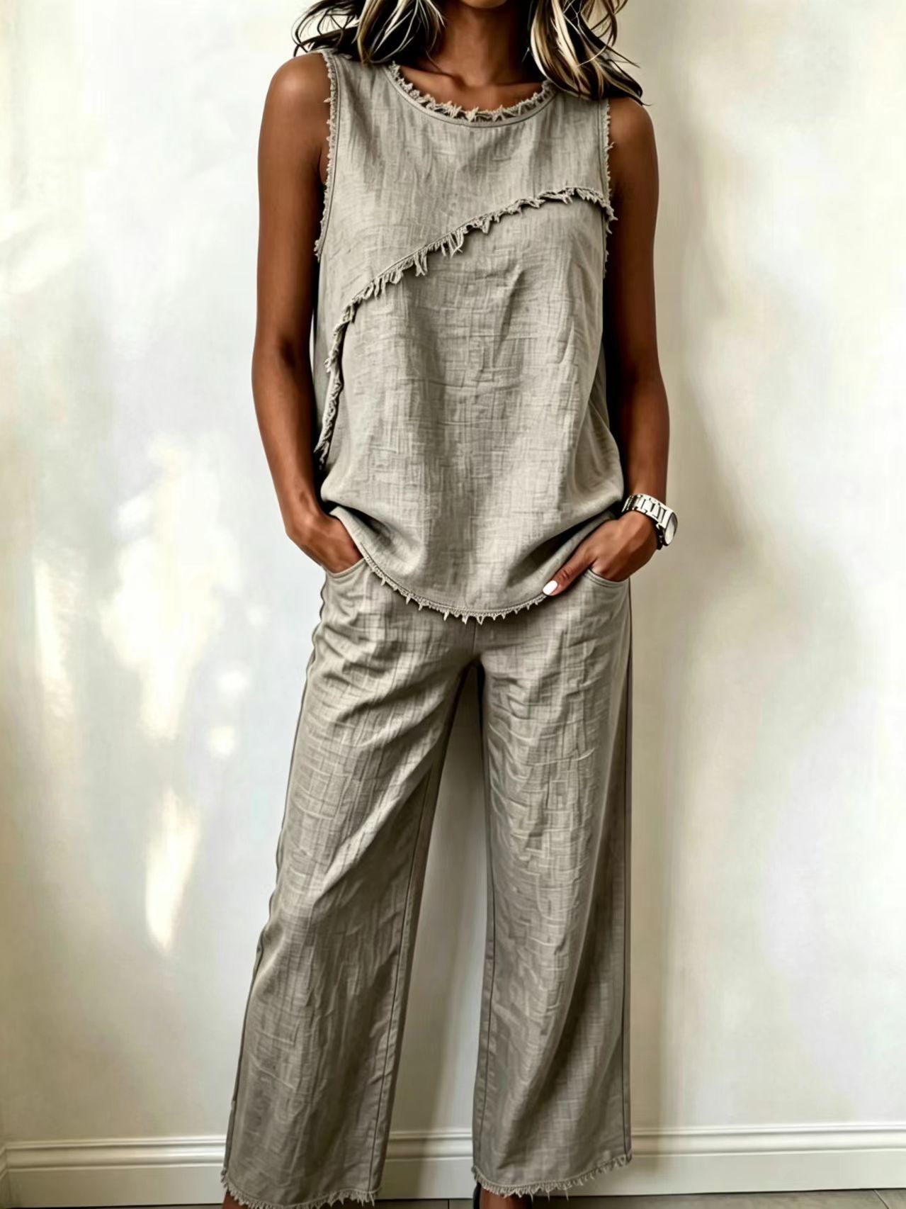 Women's Sleeveless Fringe Trim Top & Wide-Leg Pants Two-Piece Set