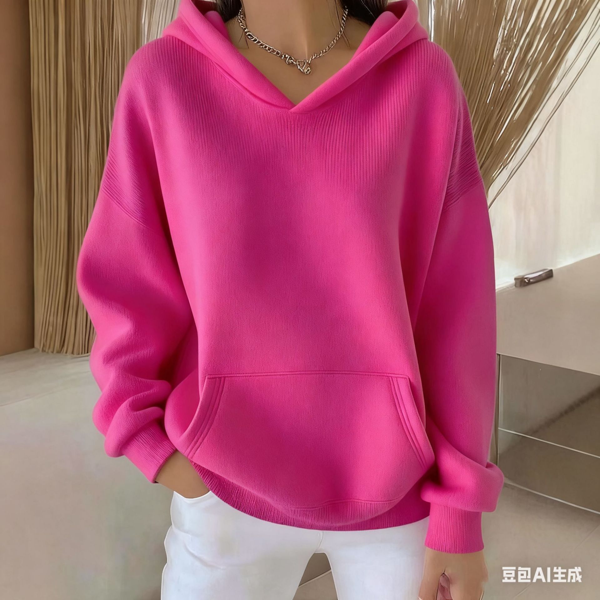 Women's Minimalist Solid Color Chunky Rib Knit Print Hoodie