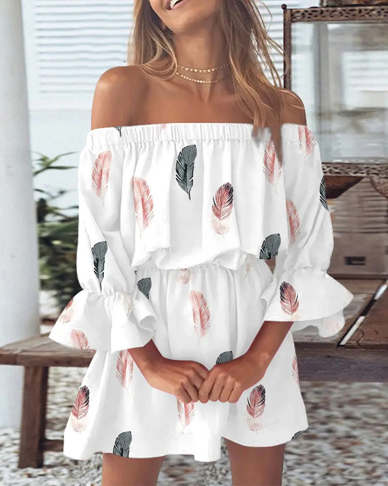 Women's Off-Shoulder Floral Print Dress Short Sleeve A-Line
