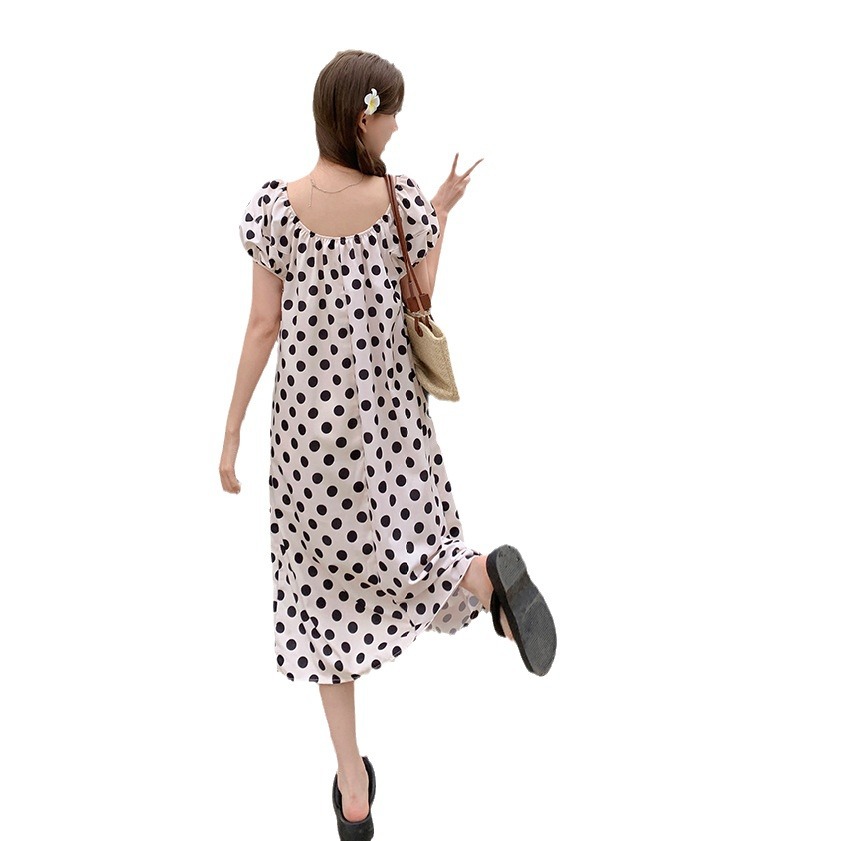 French-Style Polka Dot Puff Sleeve Midi Dress