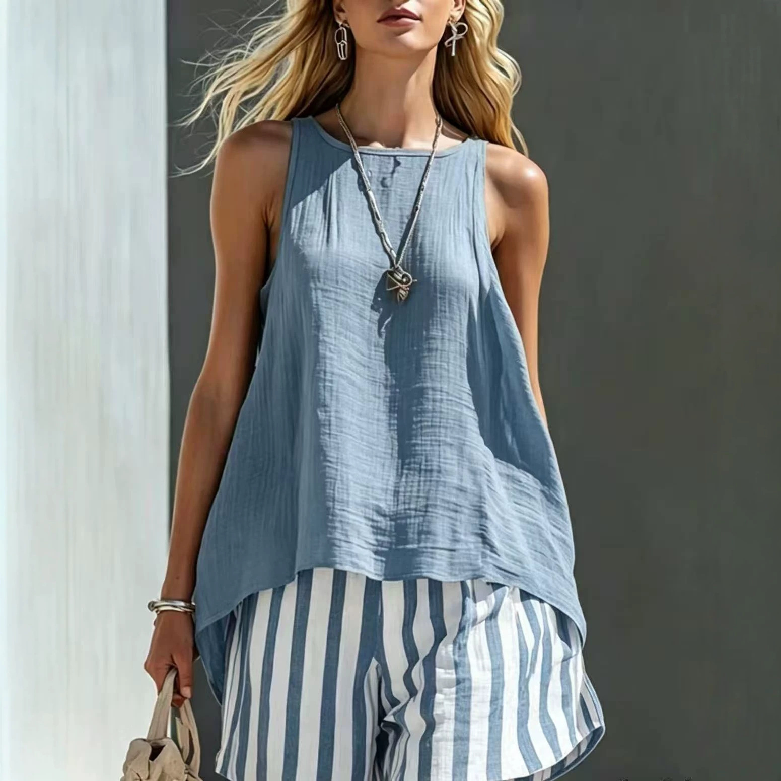 Women's Solid V-Neck Long-Sleeve Cotton-Linen Shirt Casual Loose Button-Up Top