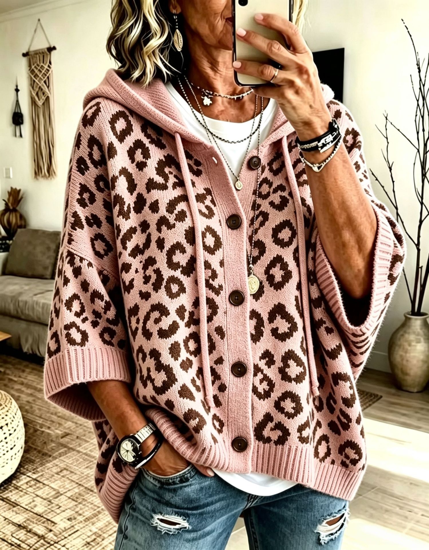 Leopard Print Button-Up Hooded Knit Cardigan Sweater