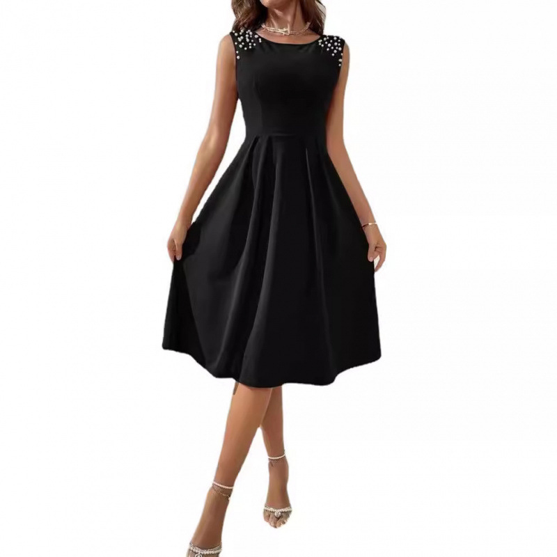 Women's Sleeveless Beaded Round Neck Slim Fit Midi Dress