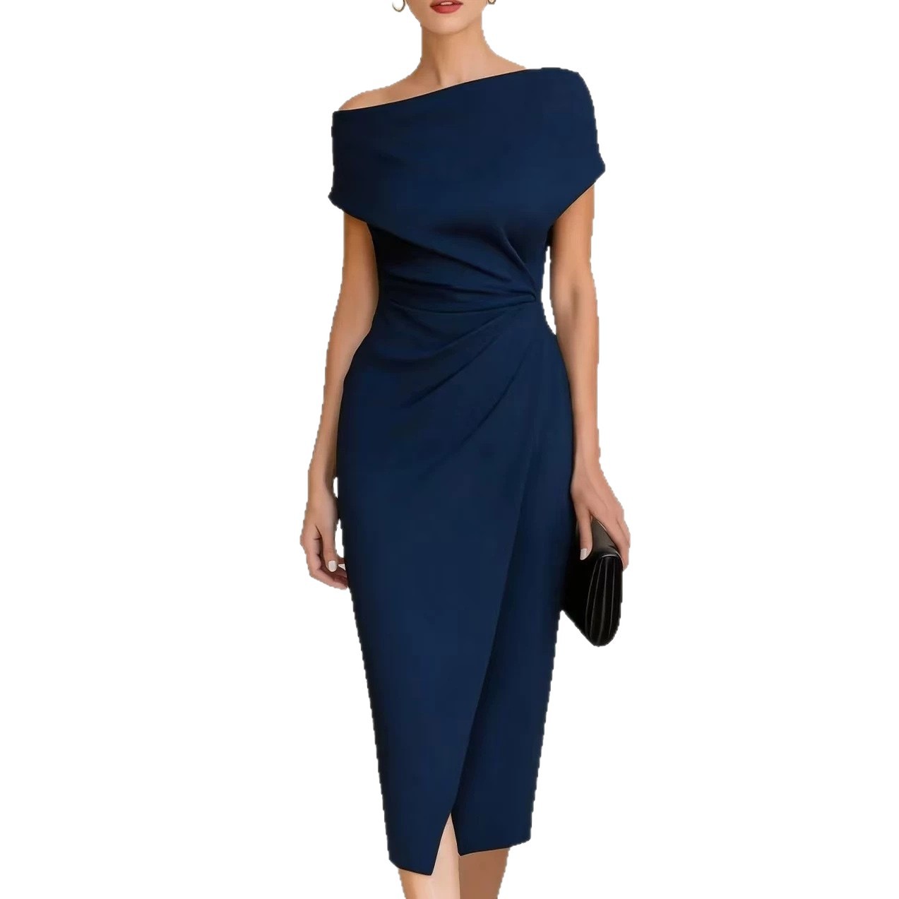 Off-Shoulder Ruched Waist Midi Dress with Slit