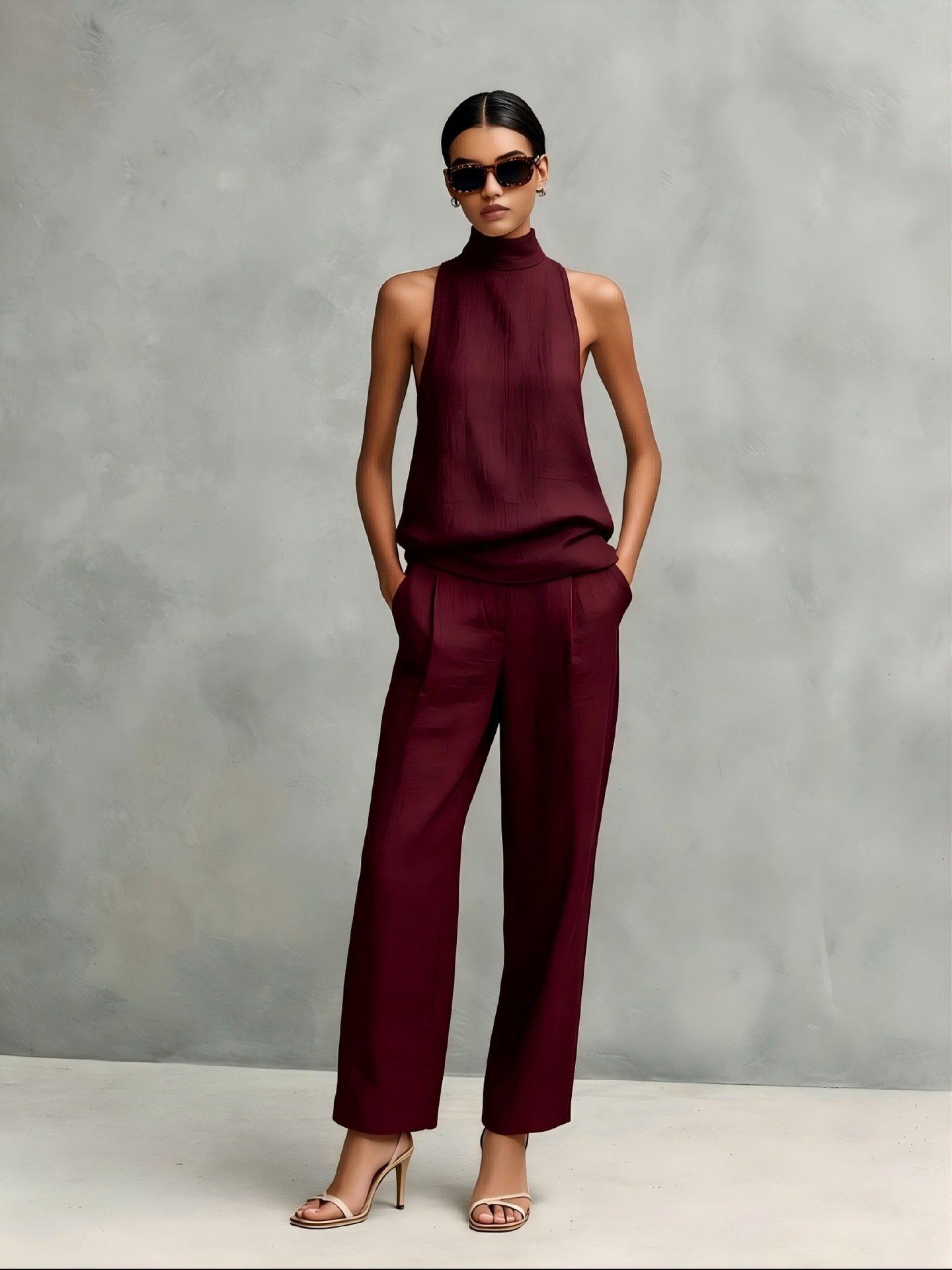 Women's Sleeveless High Neck Top & Wide Leg Pants Set