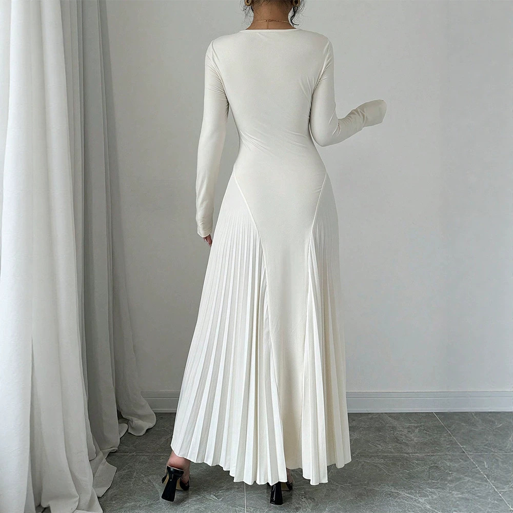 Long Sleeve Knit Pleated Maxi Dress Slimming Waist-Fitted Elegant