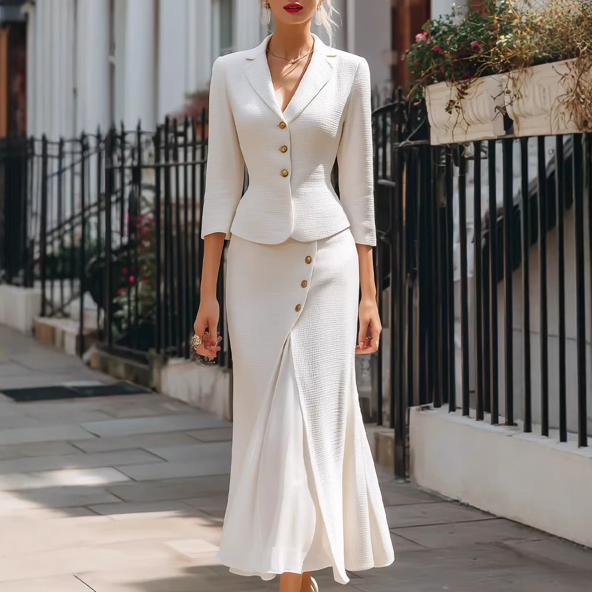 Women's Solid Color Single-Breasted 3/4 Sleeve Blazer and Slit Midi Skirt Set
