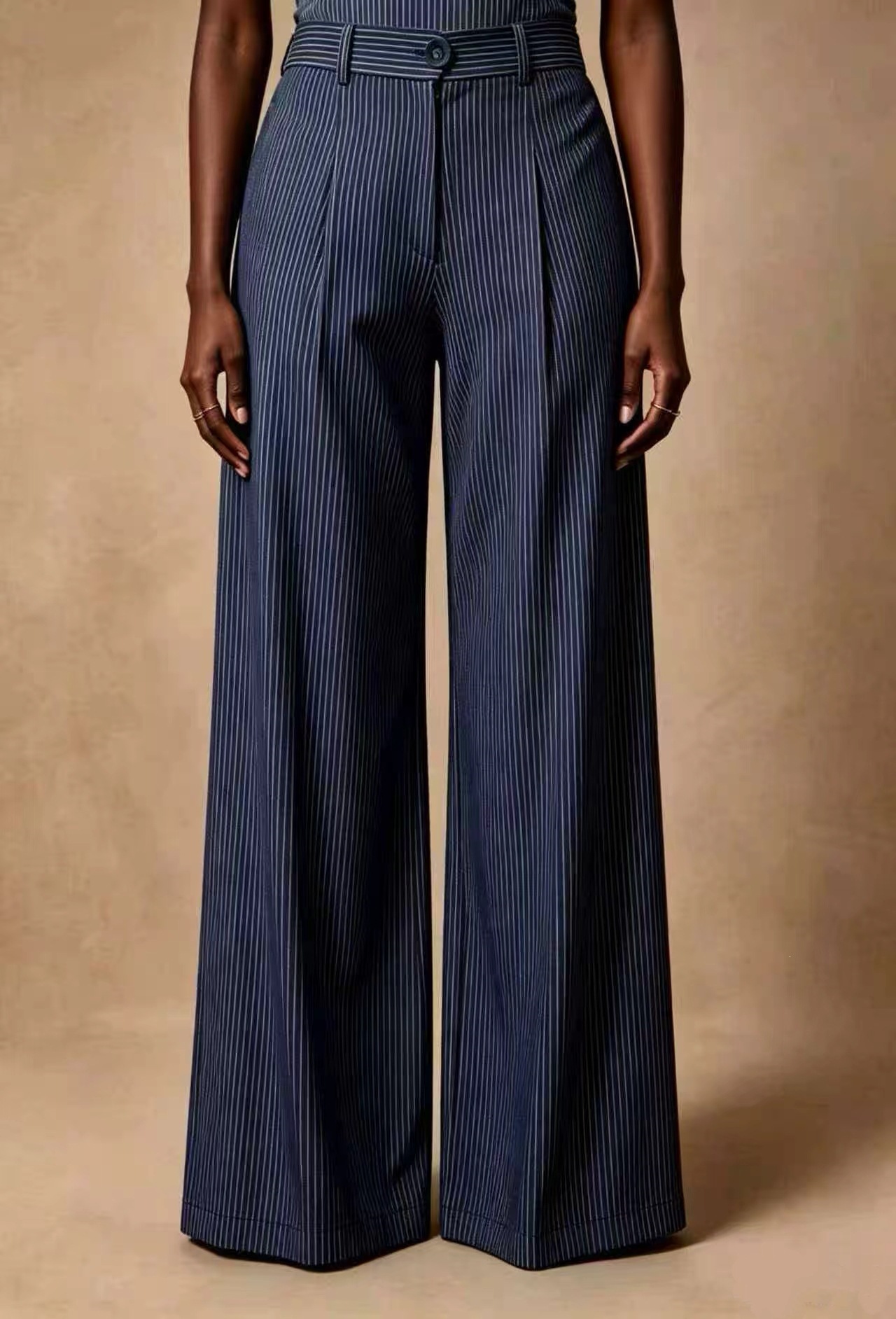 Retro High-Waist Pleated Wide-Leg Striped Pants