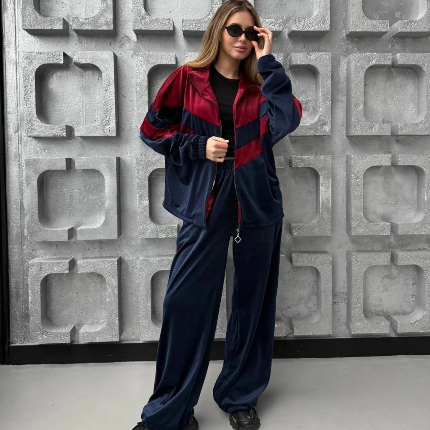 Women's Colorblock Zip Cardigan & Wide-Leg Pants Set