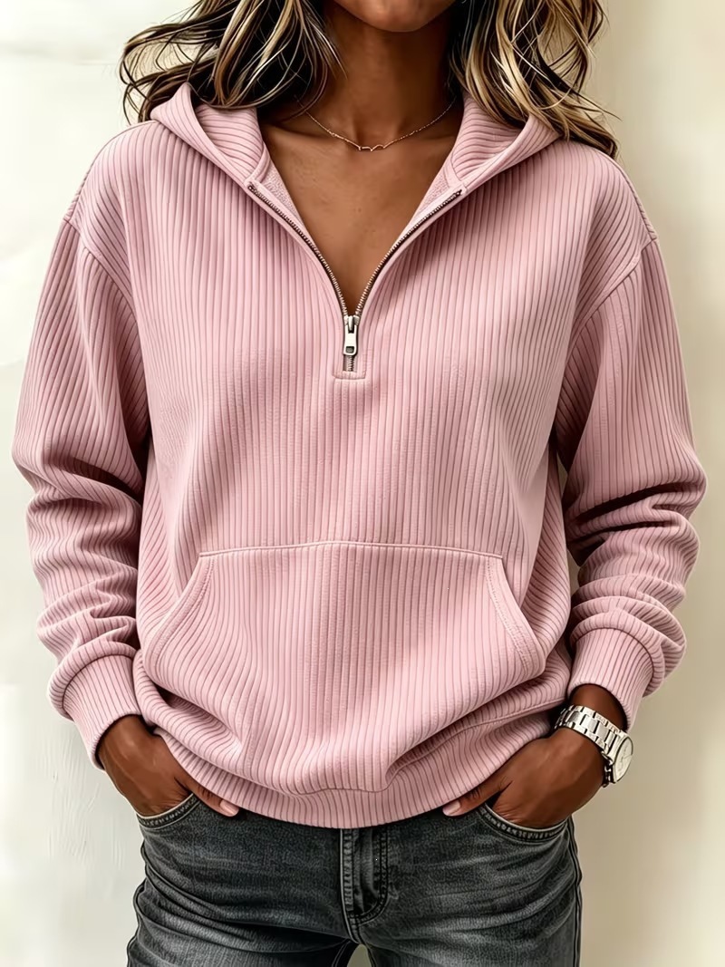 Half-Zip Hooded Sweatshirt Relaxed Fit Slimming Long Sleeve Pullover White