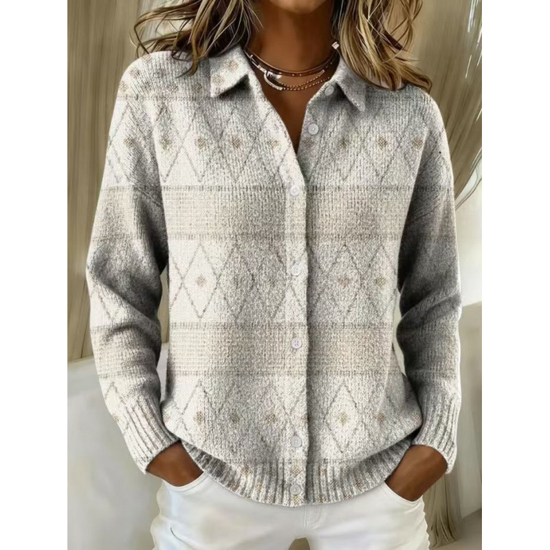 Women's Collared Button-Front Cardigan Sweater, Solid 3D Print Knit, Loose Fit