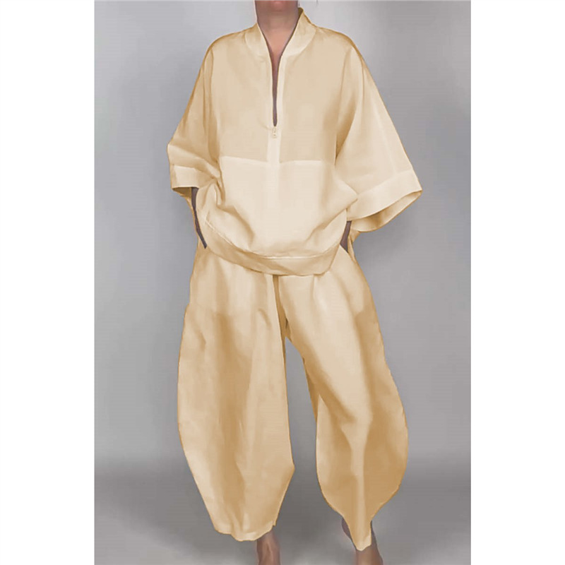 Relaxed Solid Half-Zip Top and Bloomer Pants Set
