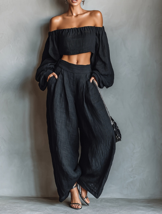 Women's Off-Shoulder Top & Wide-Leg Pants Set
