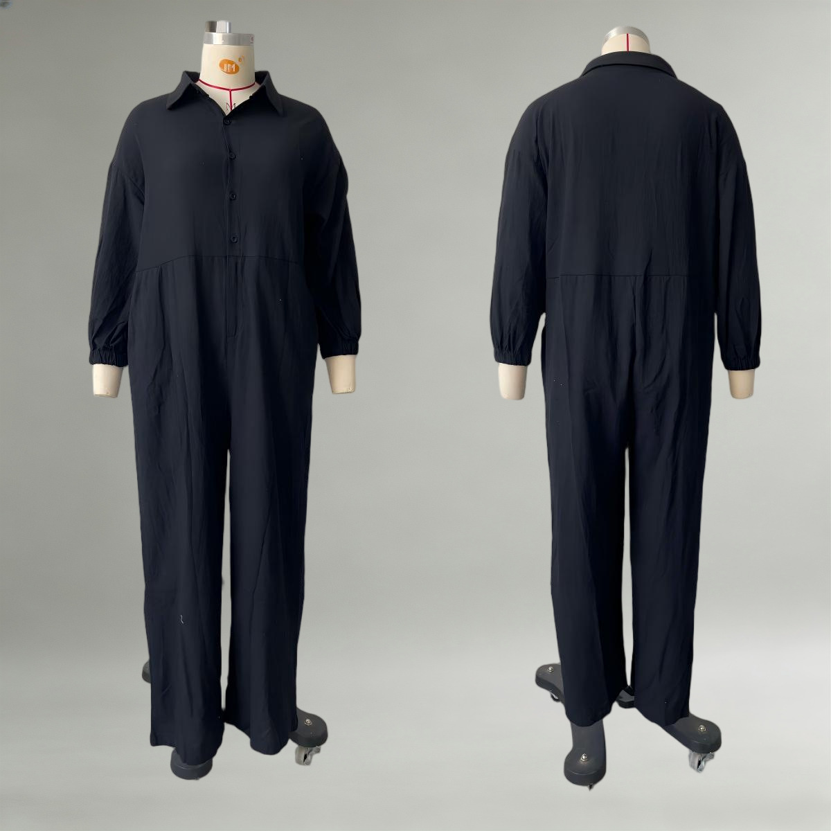 Women's V-Neck Button Long Sleeve Solid Color Jumpsuit with Pockets