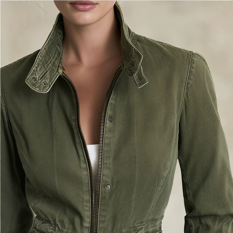 Retro Olive Green Lightweight Stand-Collar Jacket