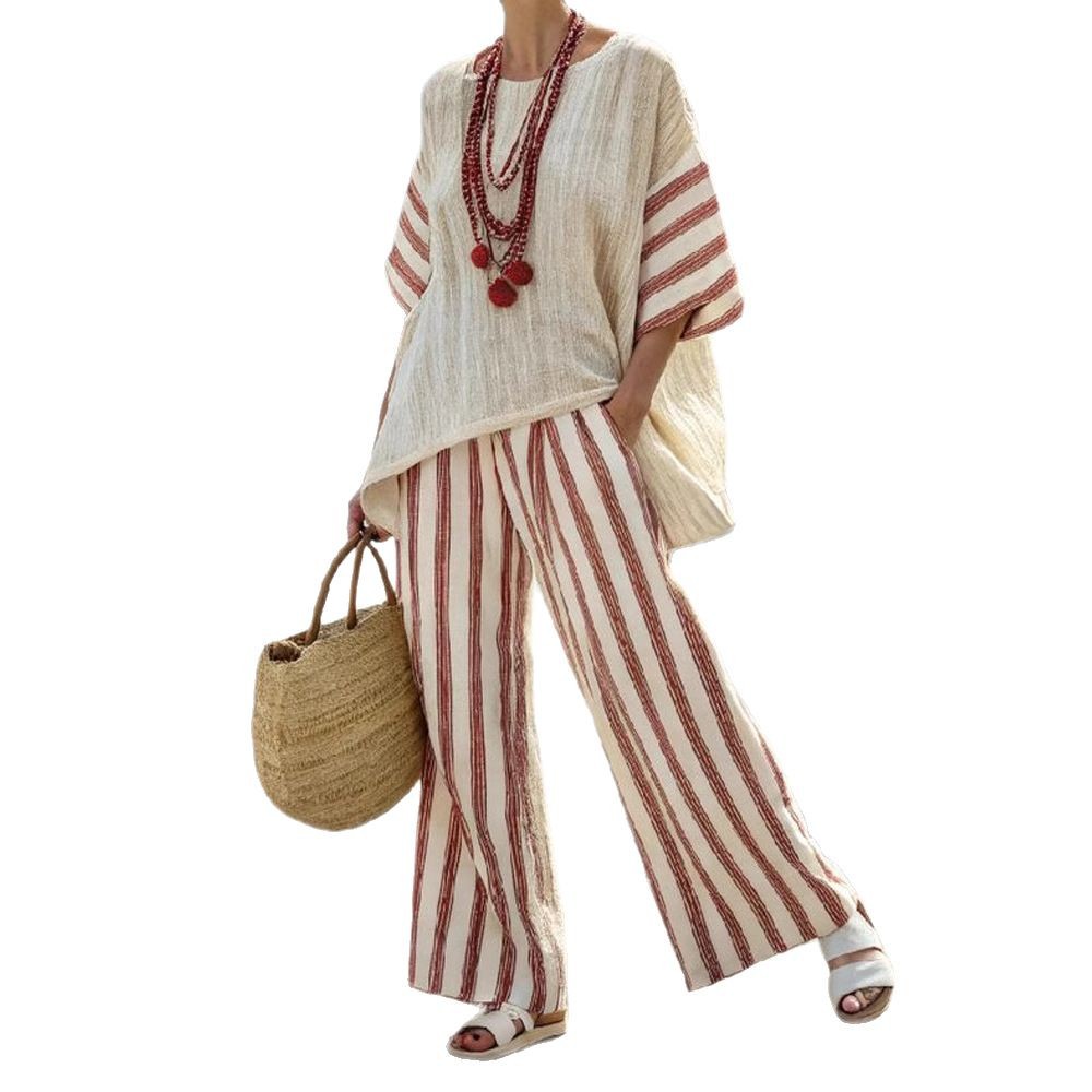 Striped Color-Block Half-Sleeve Top and Straight-Leg Pants Set
