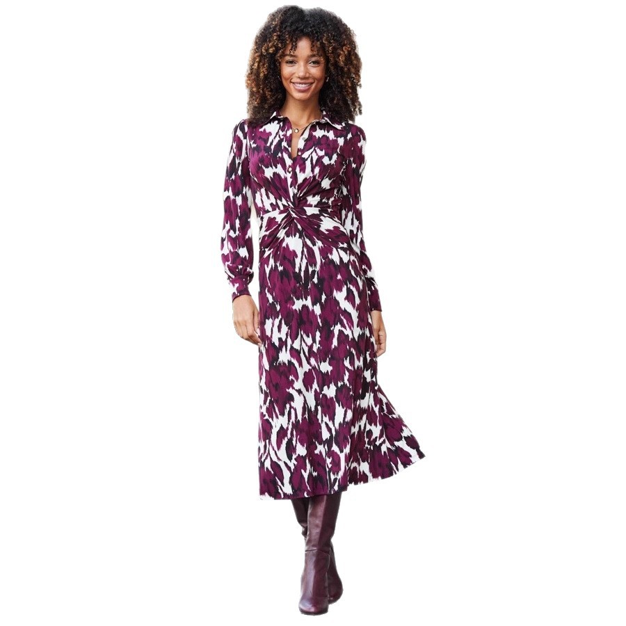 Women's Floral Print Button Twist Knot Slim Fit Long Sleeve Midi Dress