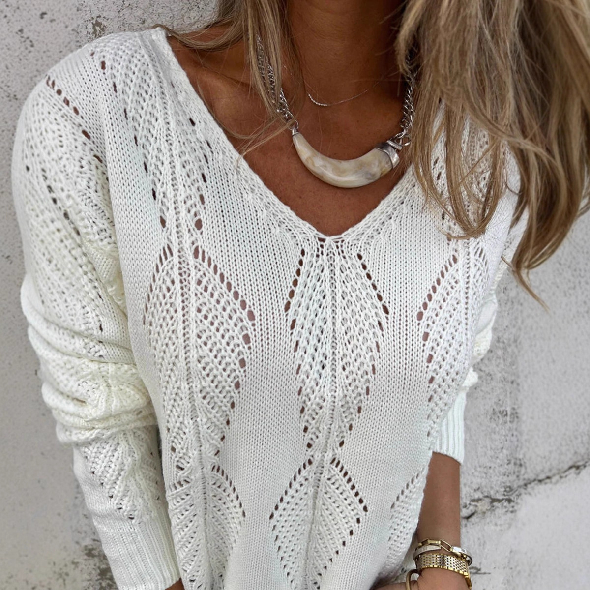 Openwork Leaf V-Neck Long-Sleeve Knit Sweater Women's Loose Double-Sided Wearable