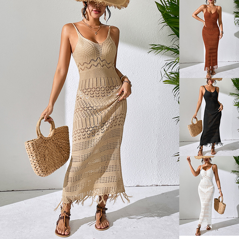 Sleeveless V-Neck Fringe Knit Maxi Dress