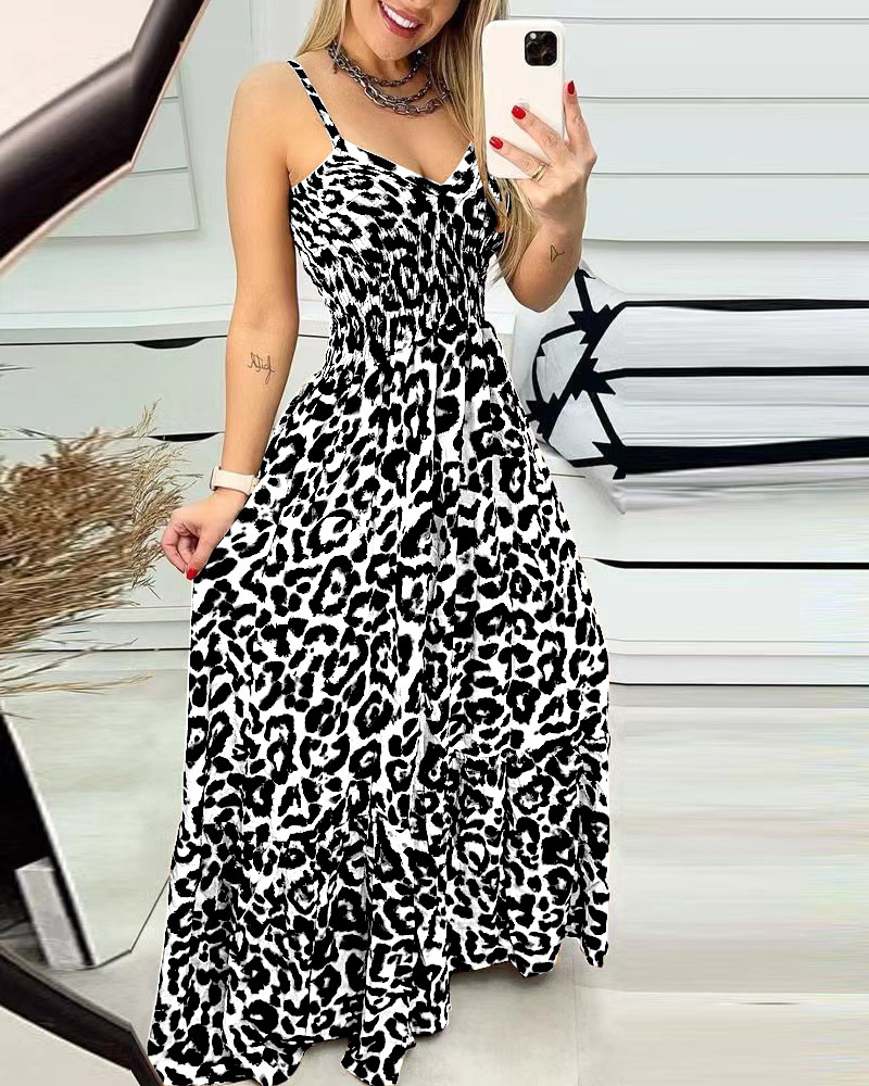 Leopard Print V-Neck Cami Maxi Dress High Waist Sexy